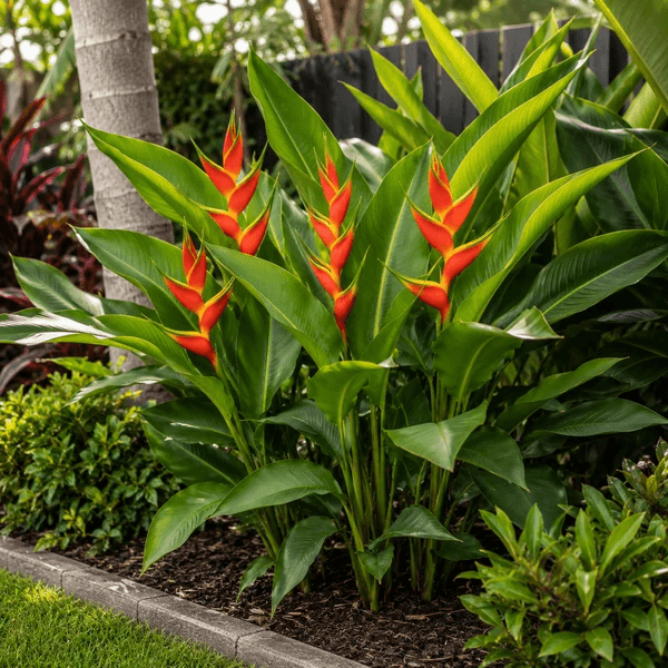 Orange and yellow heliconia plants in a tropical garden