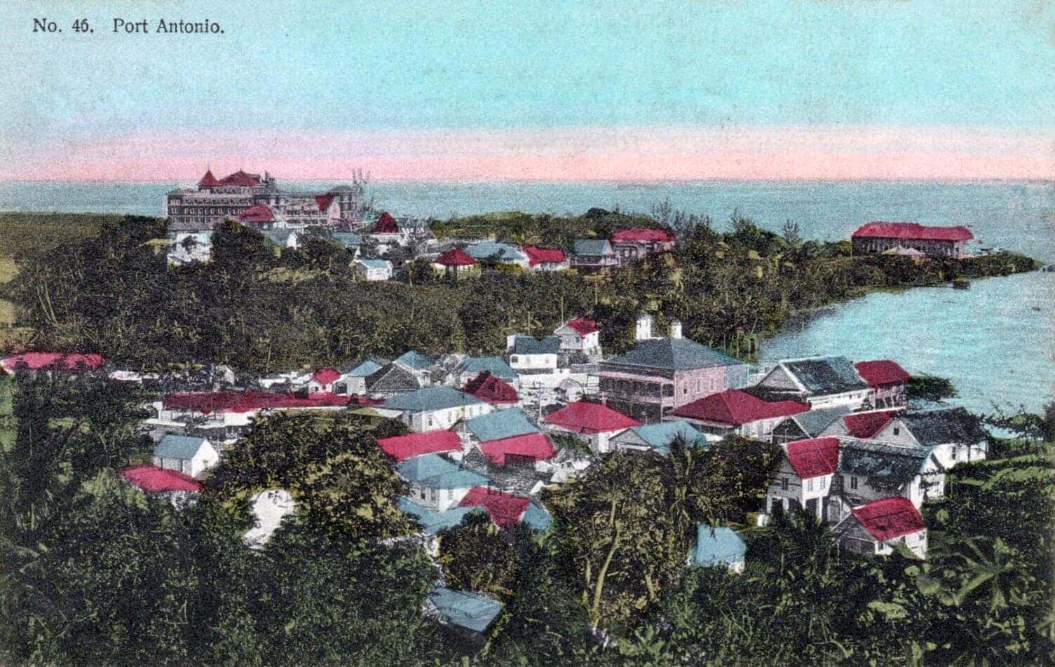 Hand-coloured historic postcard of Port Antonio harbour, Jamaica